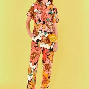 Farm Rio Floral Jumpsuit with Orange and Pink Accents